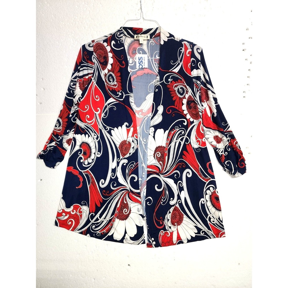 Agenda Top Women XL Blue Floral Kimono Polyester Blend Long Sleeve Fashion NWT